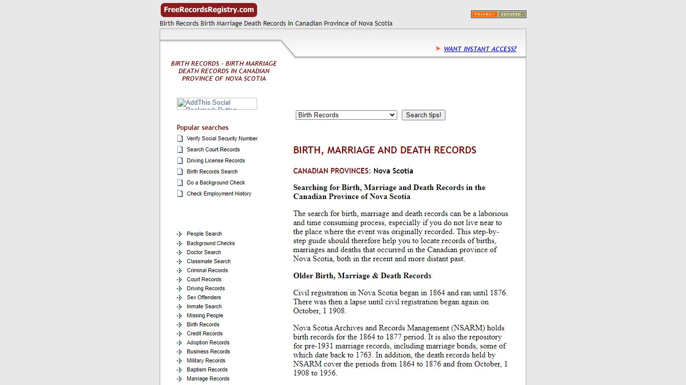 Birth, Marriage and Death Records in Nova Scotia