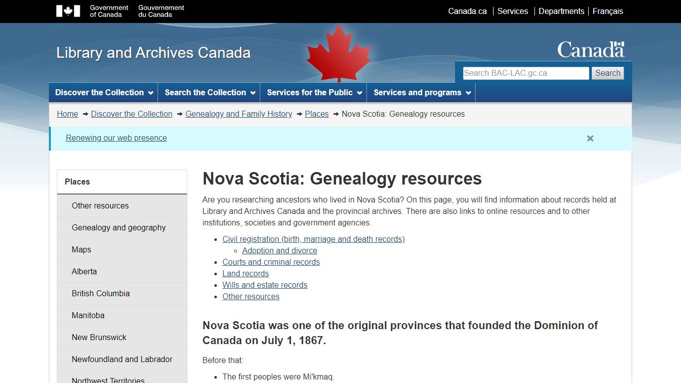 Nova Scotia: Genealogy resources - Library and Archives Canada