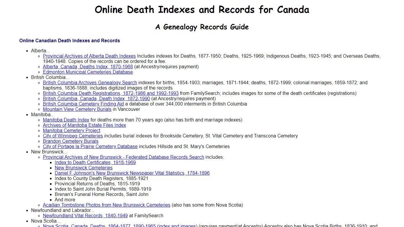 Online Death Indexes and Records for Canada